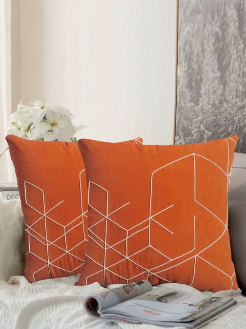 

LUXENMEAD Orange & Off-White Set of 2 Embroidered Square Cushion Covers