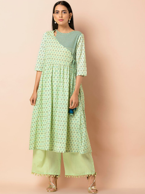 

INDYA Women Green & Blue Floral Printed Anarkali Kurta