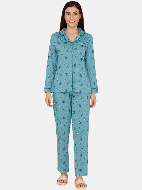 

Zivame Women Blue Printed Night Suit