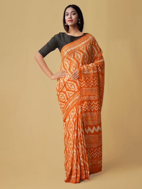 

Unnati Silks Orange & White Pure Cotton Printed Kota Saree