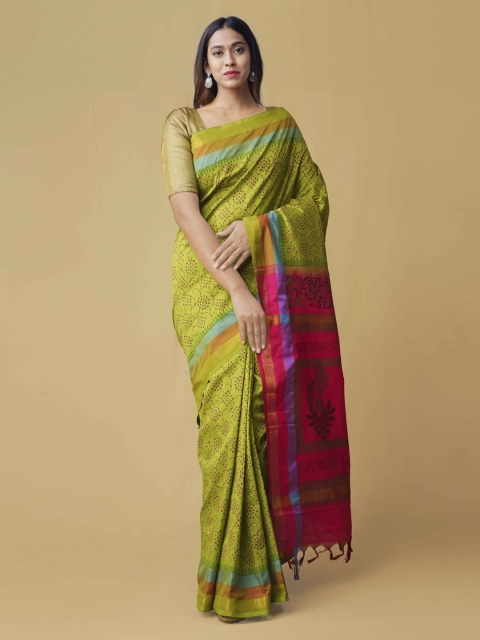 

Unnati Silks Green & Pink Silk Cotton Printed Kanjeevaram Saree