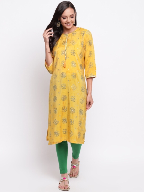 

Napra Women Mustard Yellow Printed Poly Silk Straight Kurta