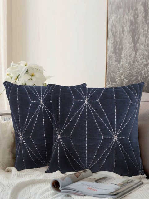

LUXENMEAD Navy Blue Set of 2 Embroidered Square Velvet Cushion Covers