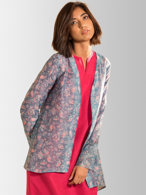 

FableStreet Women Blue & Pink Paisley Printed Open Front Jacket
