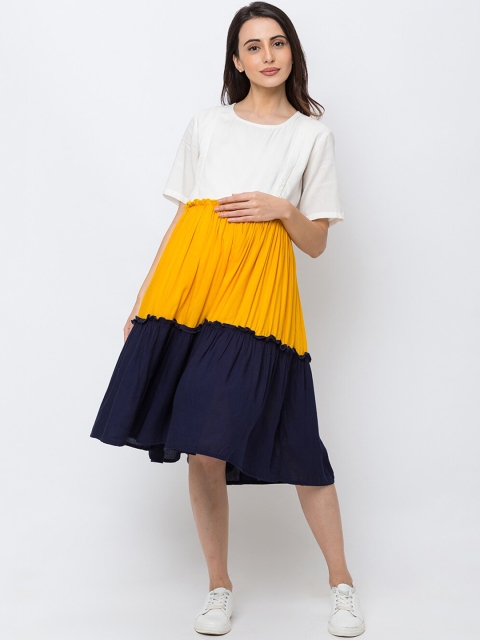 

MomToBe Women Off-White & Yellow Colourblocked Maternity A-Line Dress