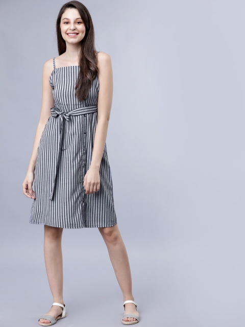

Tokyo Talkies Women Grey & Navy Blue Striped Fit and Flare Dress