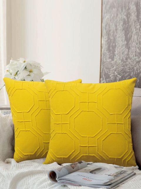 

LUXENMEAD Mustard Yellow Set of 2 Self Design Square Cushion Covers