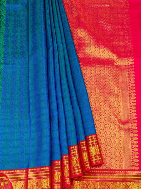 

Vijayalakshmi Silks Blue & Red Pure Silk Printed Kanjeevaram Zari Silk Saree