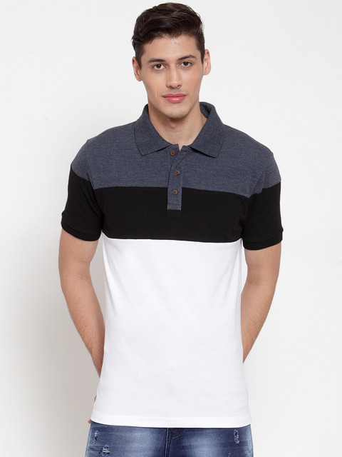 

Kalt Men Blue & White Colourblocked Polo Collar T-shirt