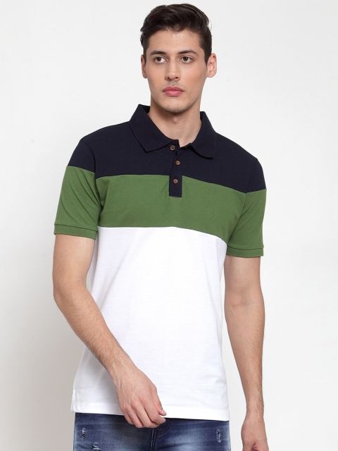 

Kalt Men White & Green Colourblocked Cotton Polo Collar T-shirt