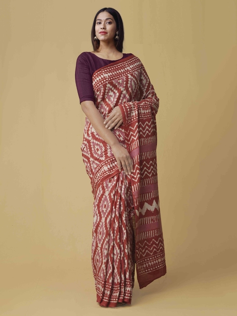 

Unnati Silks Red & Beige Pure Cotton Printed Handloom Kota Saree