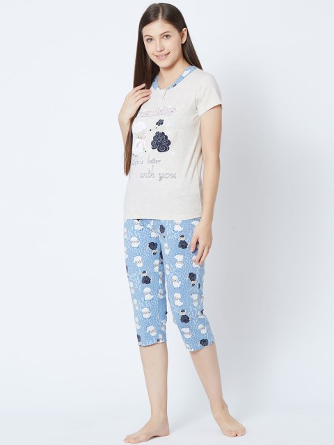 

Sweet Dreams Women Blue & Off-White Printed Night suit