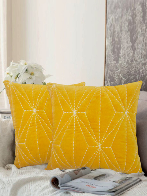 

LUXENMEAD Yellow Set of 2 Embroidered Square Velvet Cushion Covers