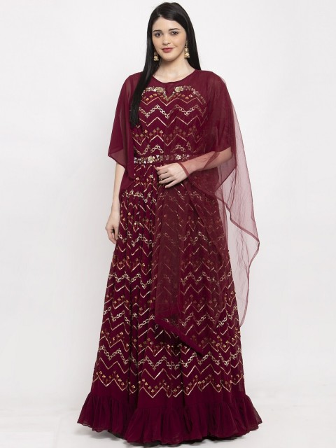 

KHALOM Women Maroon & Gold-Coloured Embellished Ethnic Maxi Dress with Dupatta