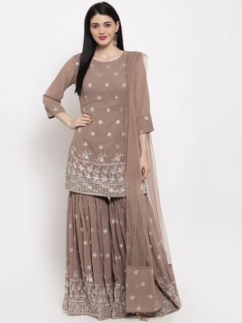 

KHALOM Women Brown Embroidered Kurta with Sharara & Dupatta