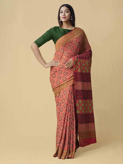 

Unnati Silks Red & Coral Pure Cotton Printed Kota Saree