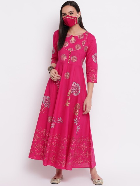 

Shakumbhari Women Pink Printed Maxi Dress With 2-Ply Cloth Mask