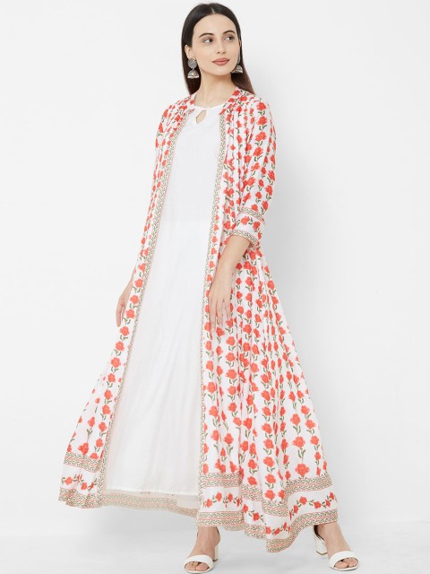 

Vedic Women White & Orange Floral Print Open Front Jacket