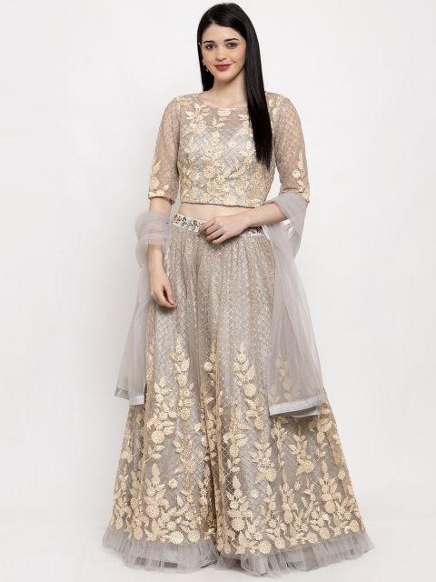 

KHALOM Grey & Gold-Toned Embroidered Ready to Wear Lehenga & Blouse with Dupatta