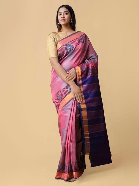 

Unnati Silks Pink & Blue Silk Cotton Woven Design Kanjeevaram Saree
