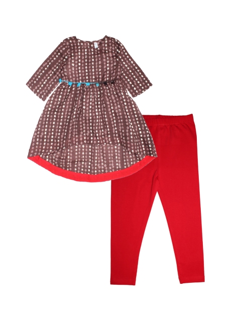 

KiddoPanti Girls Coffee Brown & Red Printed Kurti with Churidar