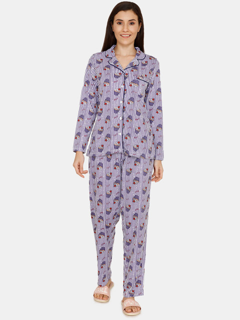 

Zivame Women Purple & White Printed Night suit