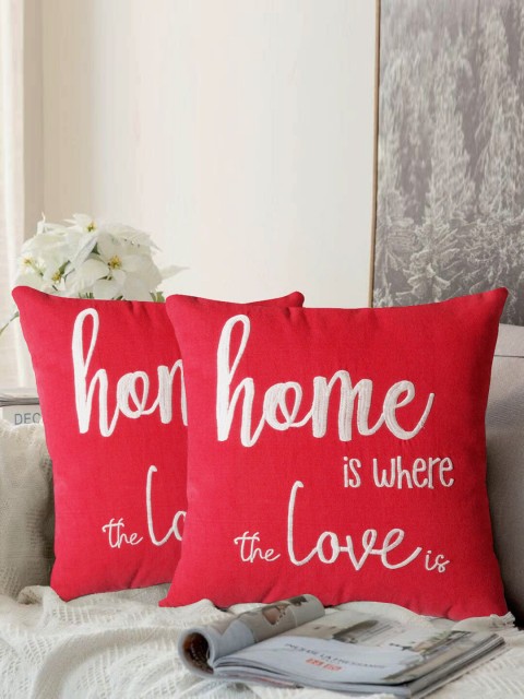 

LUXENMEAD Red & Off-White Set of 2 Embroidered Square Cushion Covers