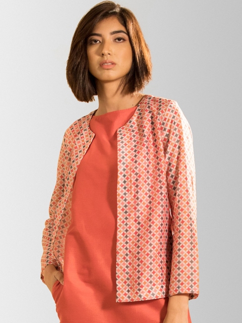 

FableStreet Women Orange Printed Lightweight Open Front Jacket