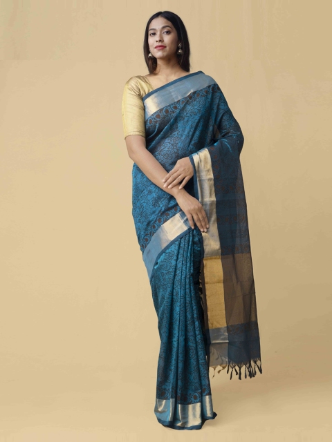 

Unnati Silks Blue Silk Cotton Woven Design Kanjeevaram Saree