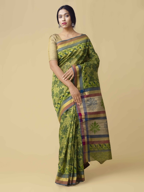

Unnati Silks Green Silk Cotton Printed Maheshwari Saree