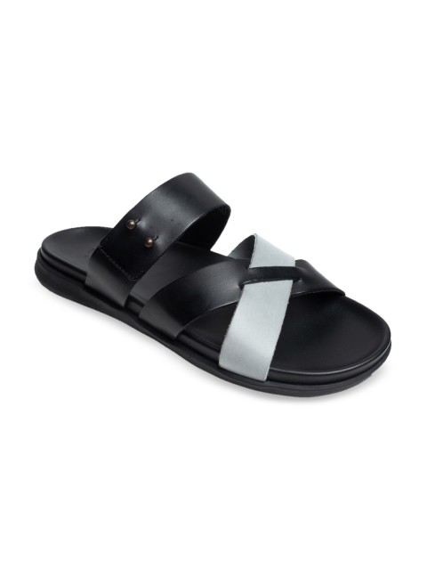 

TONI ROSSI Men Black & Silver-Toned Leather Comfort Sandals
