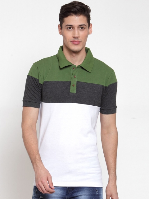 

Kalt Men White & Green Colourblocked Polo Collar T-shirt