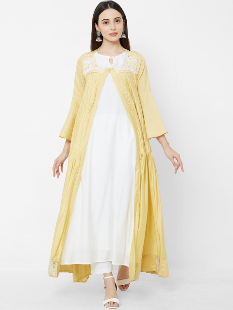 

Vedic Women Yellow Solid Open Front Jacket