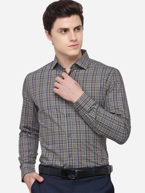 

JADE BLUE Men Olive Green & Blue Slim Fit Checked Formal Shirt