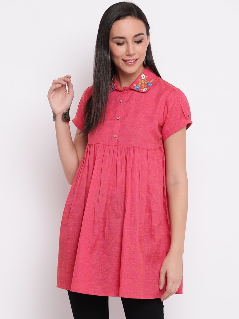 

Shakumbhari Women Pink Solid Shirt Style Longline Pure Cotton Top