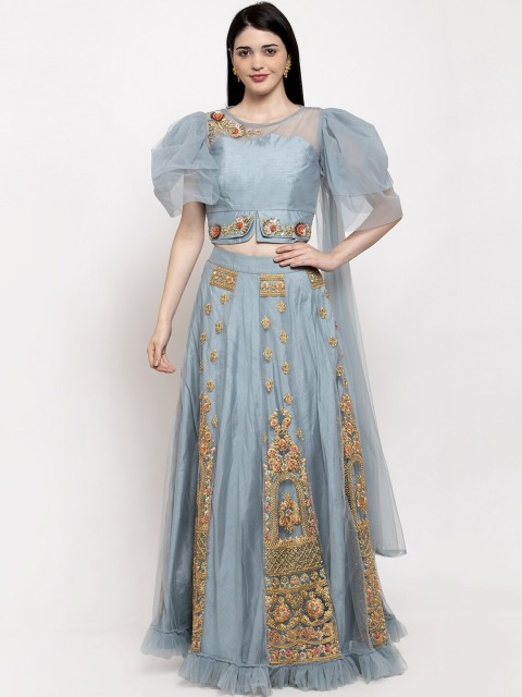 

KHALOM Blue & Gold-Coloured Embellished Ready to Wear Lehenga Choli