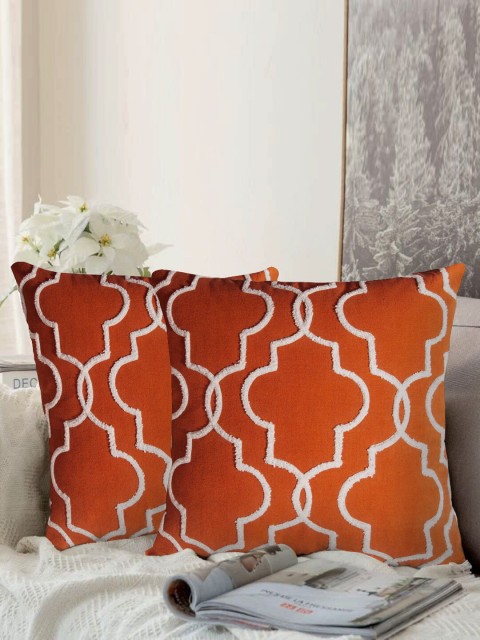 

LUXENMEAD Rust & White Set of 2 Embroidered Square Cushion Covers