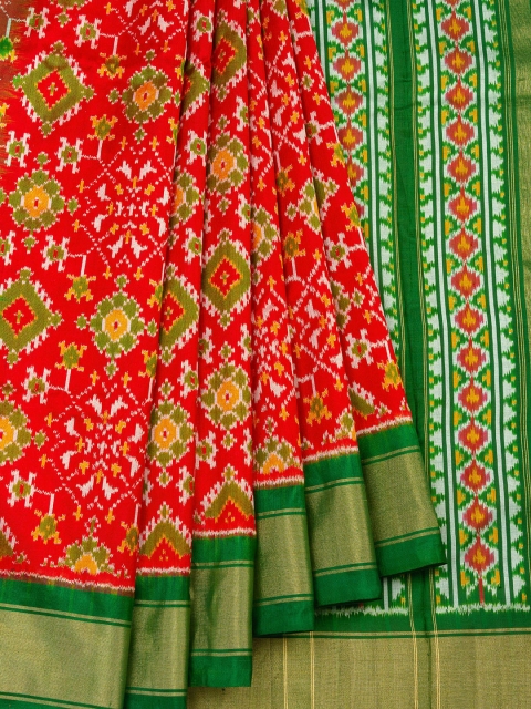 

Vijayalakshmi Silks Red & Green Pure Silk Printed Patola Saree
