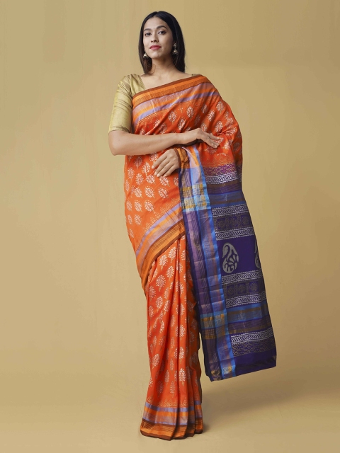 

Unnati Silks Orange & Blue Silk Cotton Woven Design Handloom Kanjeevaram Saree