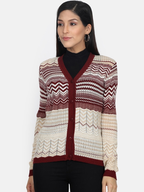 

Monte Carlo Women Off-White & Maroon Printed Cardigan Sweater
