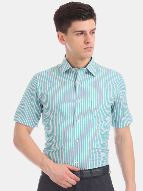 

Arrow Men White & Sea Green Regular Fit Striped Formal Shirt