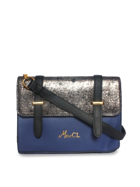 

Miss CL Navy Blue & Silver Colourblocked Satchel
