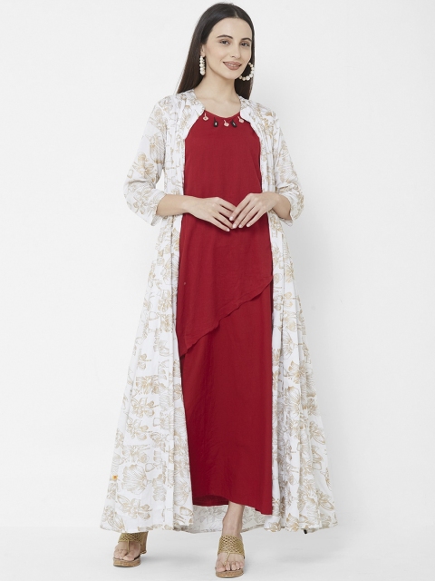 

Vedic Women White & Red Floral Printed Tailored Longline Jacket