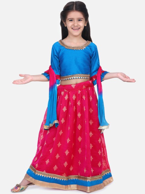 

BownBee Girls Pink & Blue Embellished Ready to Wear Lehenga & Blouse with Dupatta