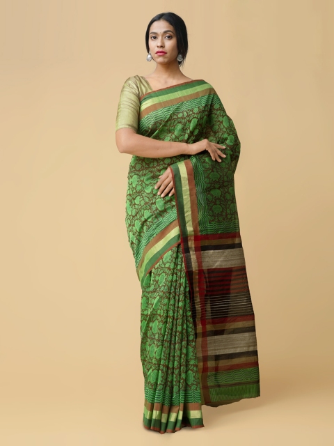 

Unnati Silks Green Silk Cotton Printed Handloom Maheshwari Saree