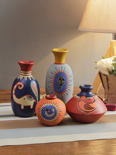

Aapno Rajasthan Set of 4 Blue & Grey Printed Worli Style Handcrafted Terracotta Vases