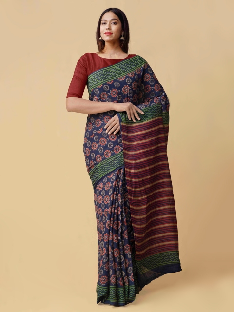 

Unnati Silks Navy Blue & Maroon Pure Cotton Printed Kota Saree