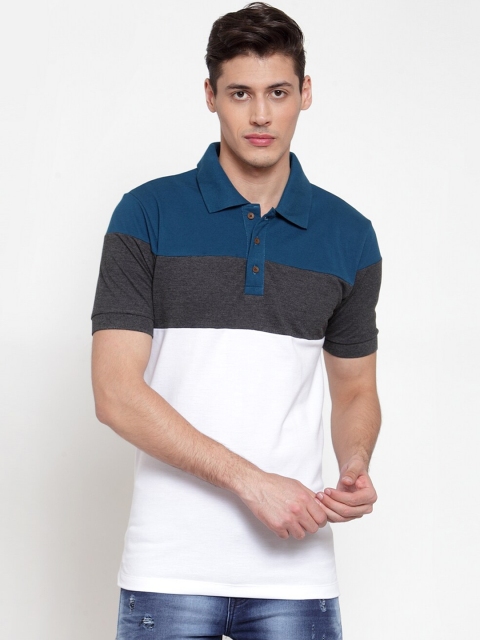 

Kalt Men Teal Blue & White Colourblocked Polo Collar T-shirt