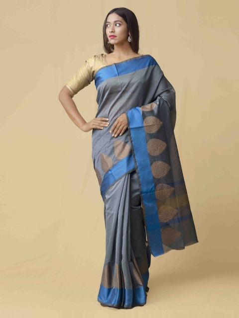 

Unnati Silks Grey & Blue Silk Cotton Solid Kanjeevaram Saree