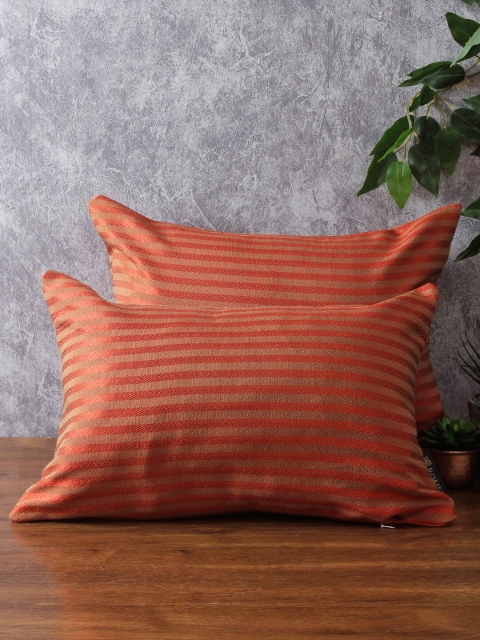 

ROMEE Set of 2 Red & Beige Striped Rectangle Cushion Covers